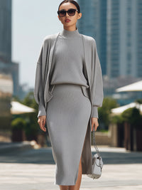 Grey Ribbed Three-Piece Knit Set With Side-Slit Skirt