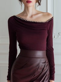 Pearl-Trim Off-Shoulder Shimmer Knit Top