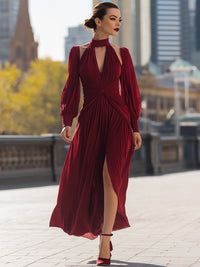 Bordeaux Pleated Cutout Maxi Dress