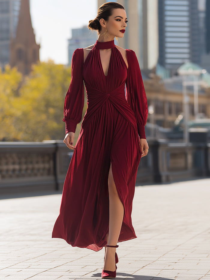 Bordeaux Pleated Cutout Maxi Dress
