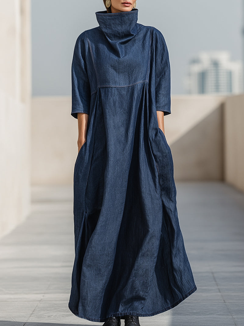 High-Neck Denim Maxi Dress With Sculpted Volume
