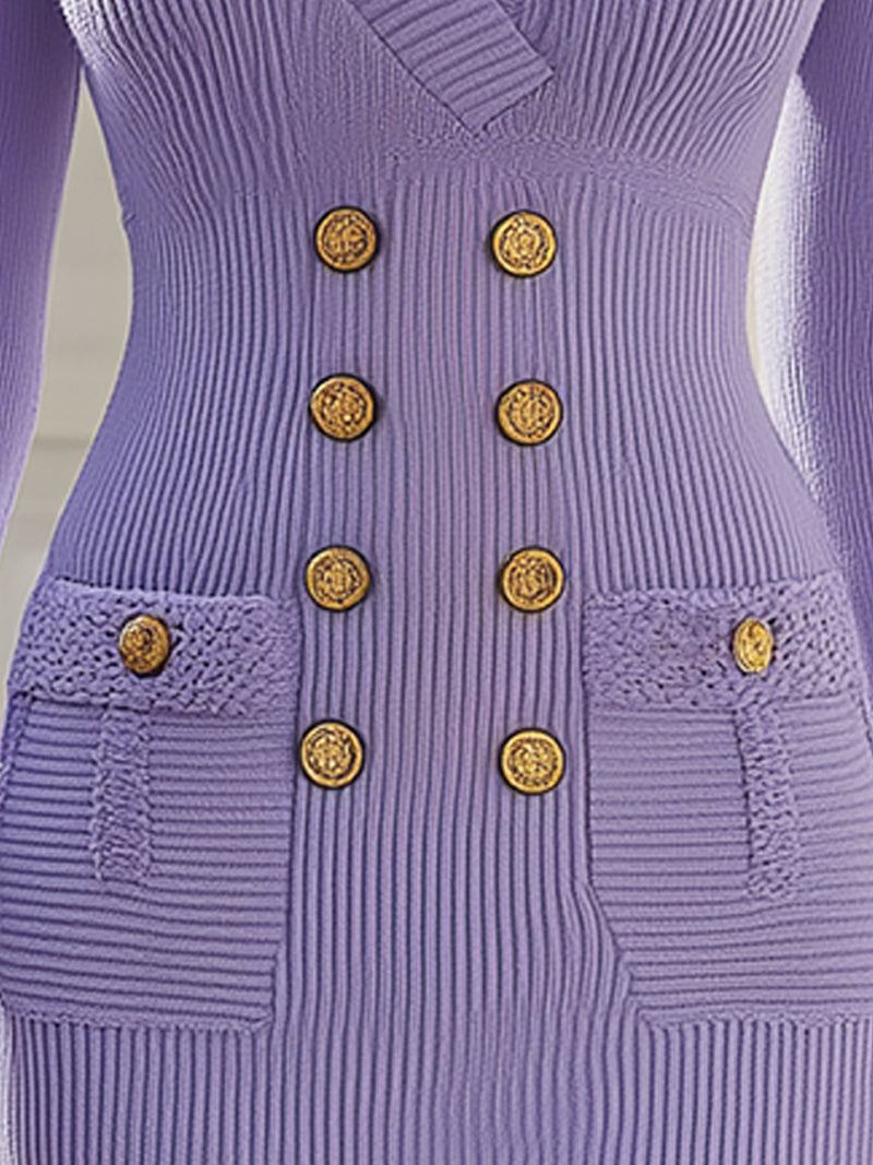 Elegant Double-Breasted Lilac Knit Dress