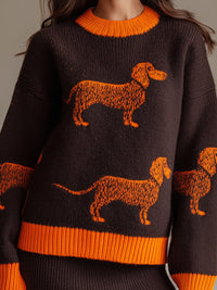 Chocolate Brown Knit Sweater And Skirt Set, Sweater Adorned With Playful Dachshund Pattern
