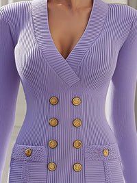 Elegant Double-Breasted Lilac Knit Dress