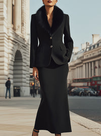 Black Wool Skirt Suit With Faux Fur Collar