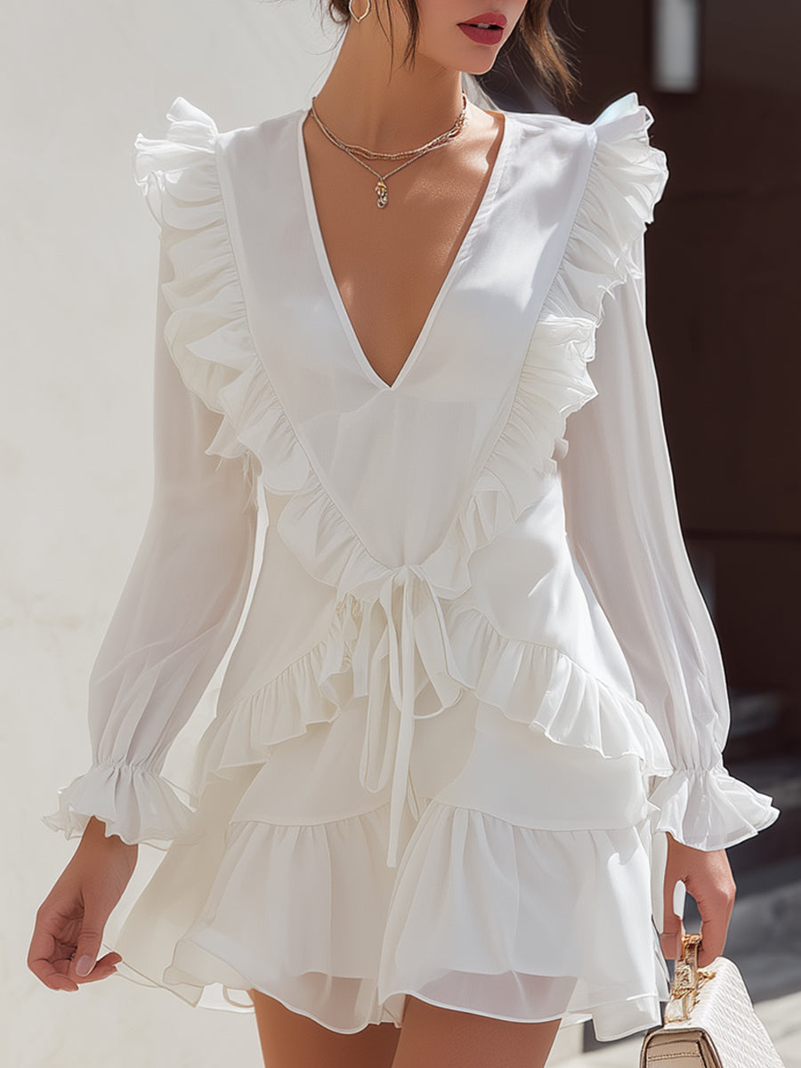 Ruffled V-Neck Smocked Waist Mini Dress