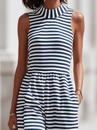 Sleeveless Mock-Neck Striped Wide-Leg Jumpsuit