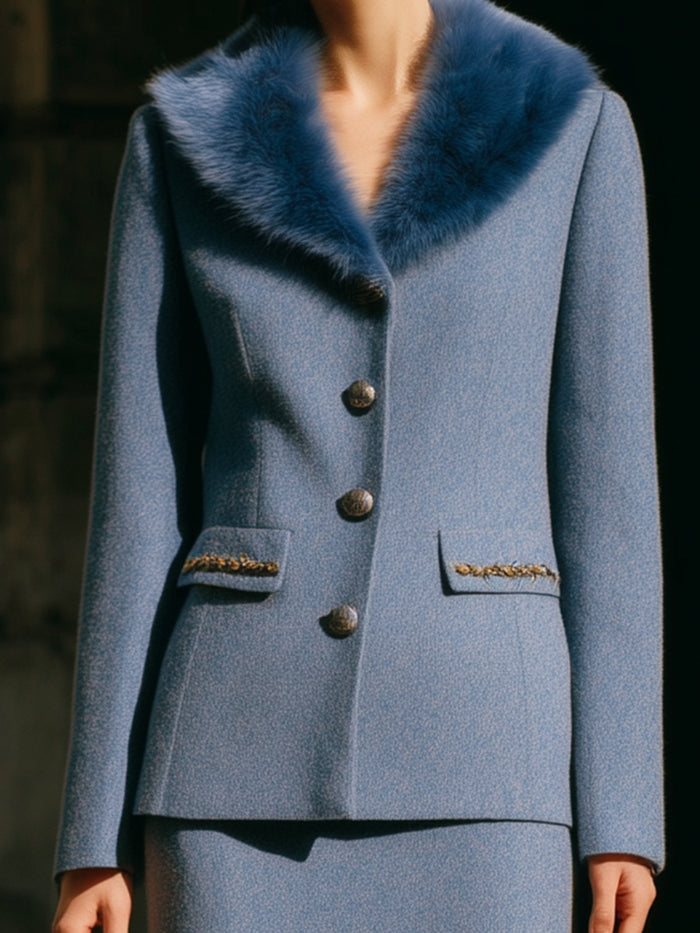 Wool Skirt Suit With Faux Fur Collar