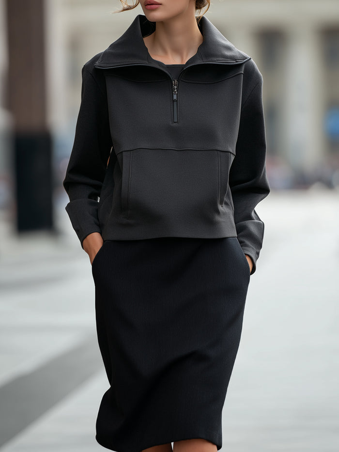 Half-Zip High Collar Sweatshirt & Relaxed Midi Skirt Set