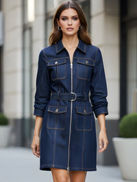 Navy Belted Denim Utility Dress