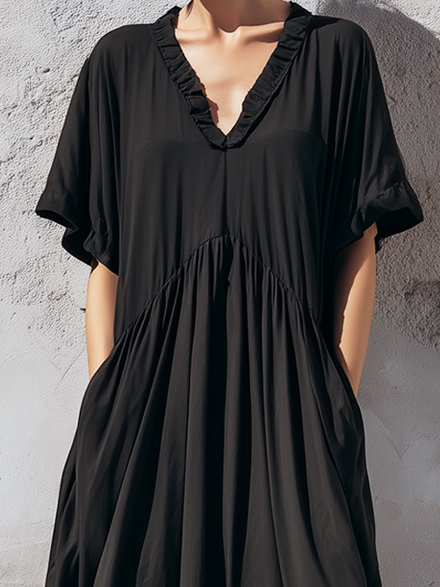 Relaxed V-Neck Ruffle Hem Maxi Dress