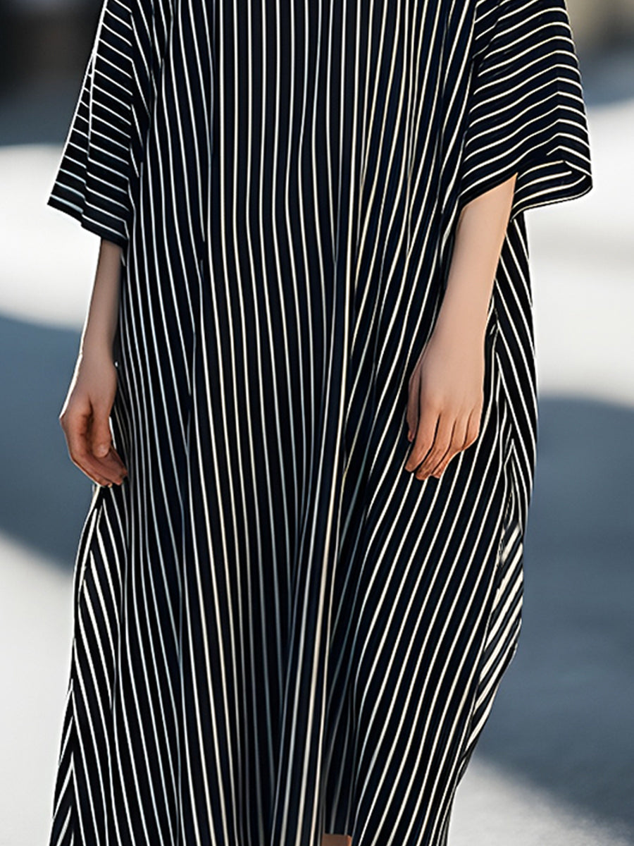 Vertical Stripe High-Neck Oversized Midi Dress