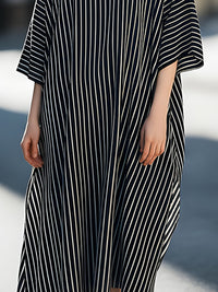 Vertical Stripe High-Neck Oversized Midi Dress