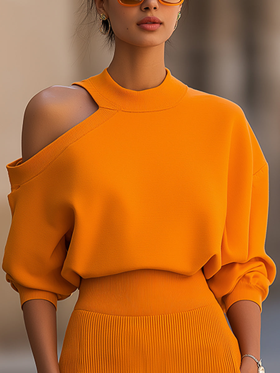 One-Shoulder Knit Top & Ribbed Midi Skirt Set