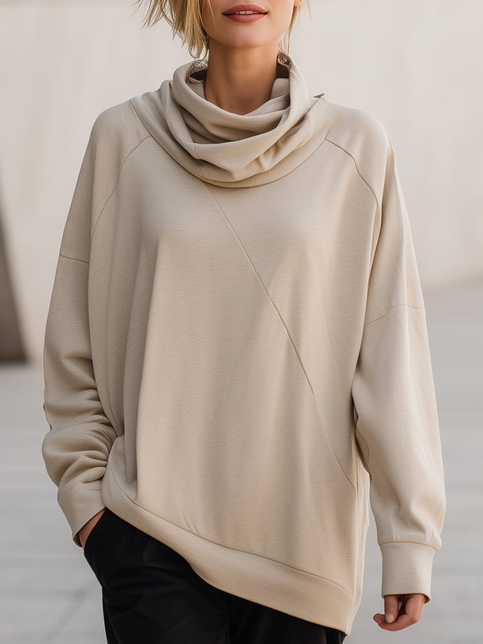 Beige Draped Cowl-Neck Sweatshirt