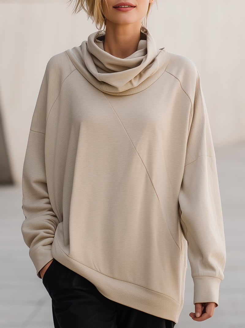 Beige Draped Cowl-Neck Sweatshirt