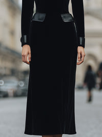 Black Velvet Midi Dress With Leather Accents