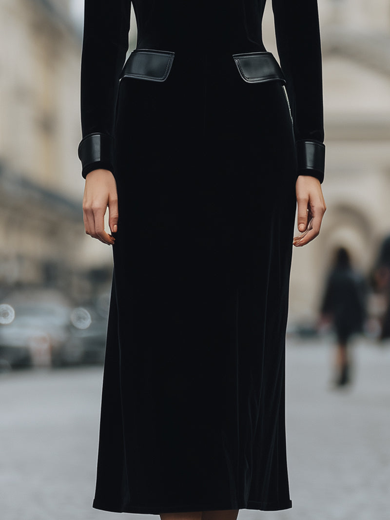 Black Velvet Midi Dress With Leather Accents