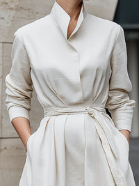 Minimalist Stand-Collar Tie-Waist Midi Dress