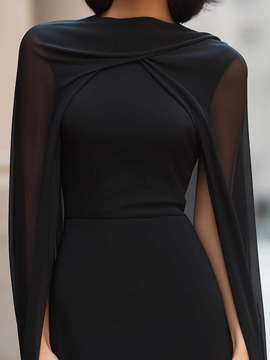 Elegant Shawl And Sheer Layered Midi Dress Two-Piece Set