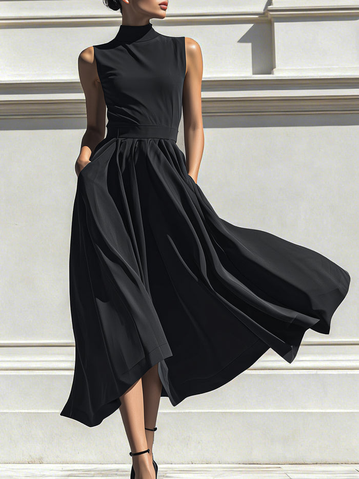 Draped Mock Neck Midi Dress