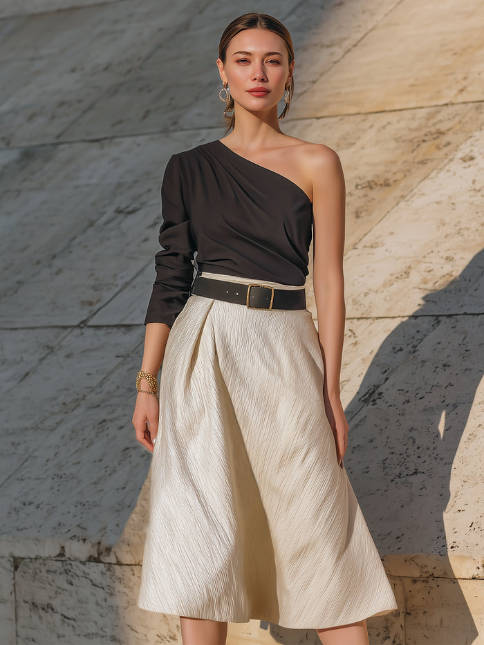 One-Shoulder Draped Top & High-Waist Wide-Leg Skirt Set