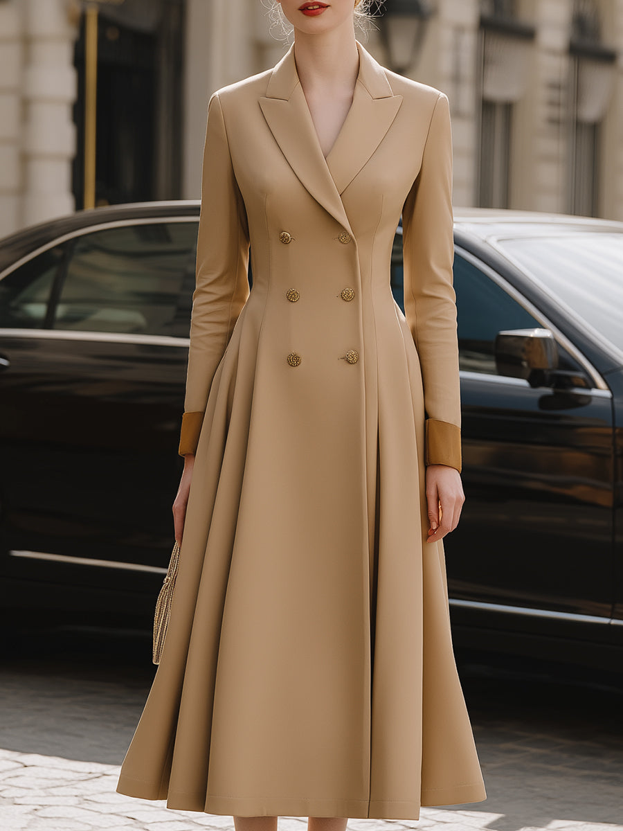 Double-Breasted Camel Midi Blazer Dress