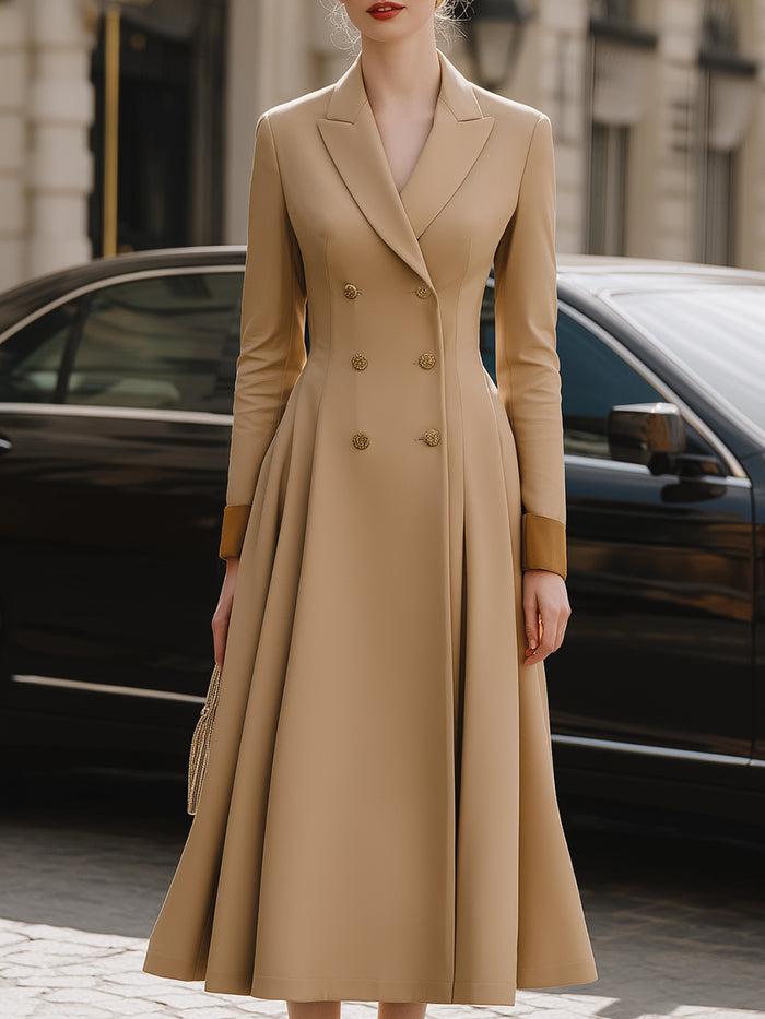 Double-Breasted Camel Midi Blazer Dress