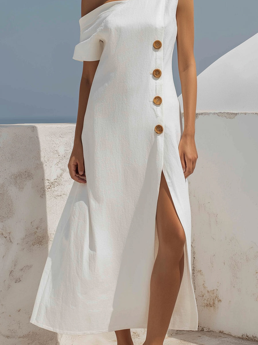 Elegant One-Shoulder Button-Detail Midi Dress