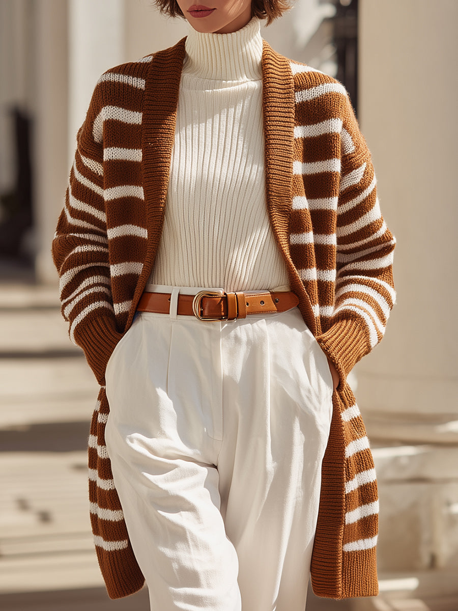 Brown And White Striped Open-Front Knit Cardigan