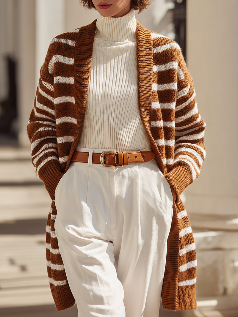 Brown And White Striped Open-Front Knit Cardigan