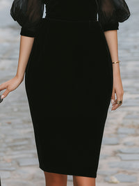 Black Velvet Off-Shoulder Illusion Midi Dress With Sheer Sleeves