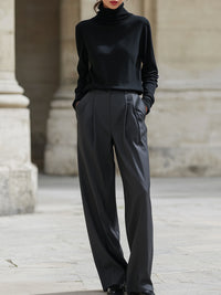Black Turtleneck Top And Charcoal Wide-Leg Trousers Set