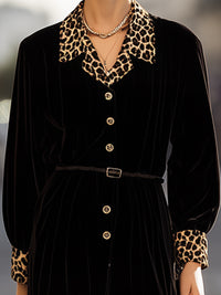 Black Velvet Midi Dress With Leopard Print Collar And Cuffs