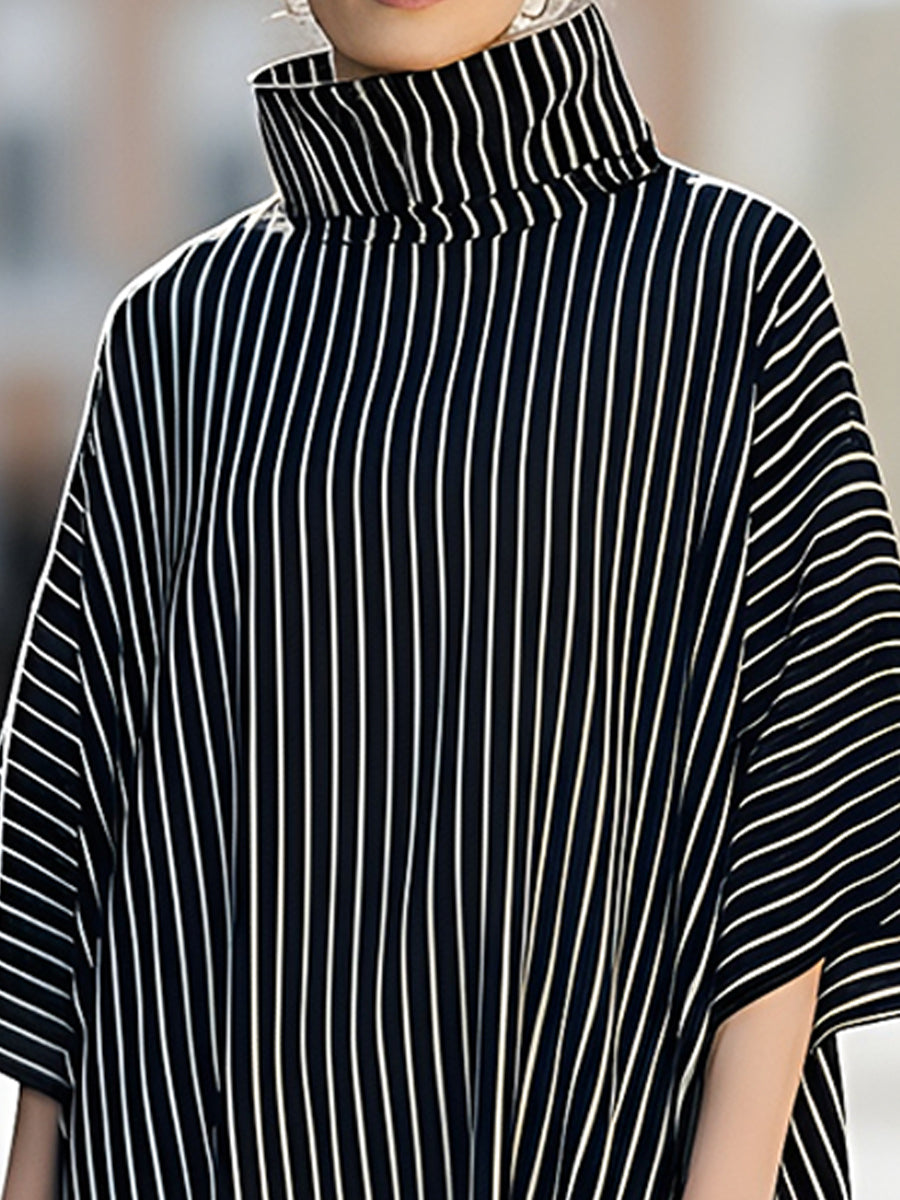 Vertical Stripe High-Neck Oversized Midi Dress