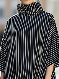 Vertical Stripe High-Neck Oversized Midi Dress