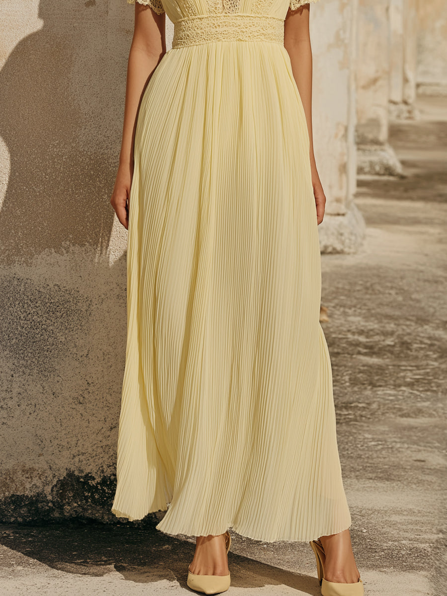 Women’s Elegant Lace Trim Pleated Maxi Dress – Vintage-Inspired Yellow Deep V Long Dress