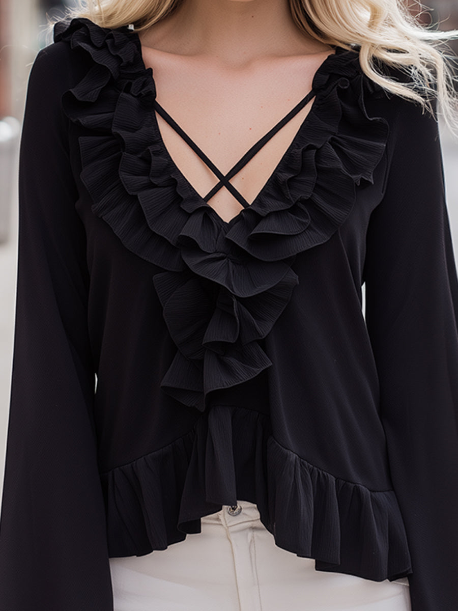 Black Ruffle Trim Crisscross V-Neck Blouse