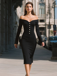 Black Off-Shoulder Midi Dress With Buttons