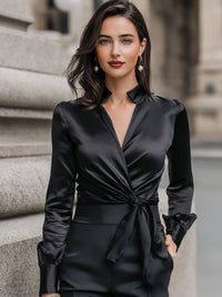 Satin Tie-Front Long-Sleeve Blouse