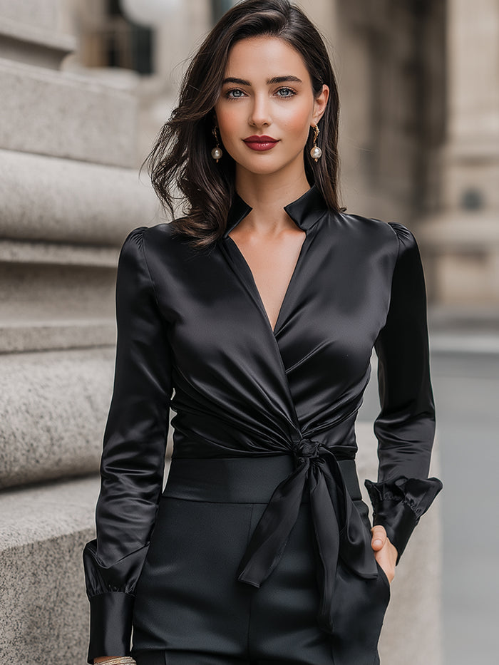 Satin Tie-Front Long-Sleeve Blouse