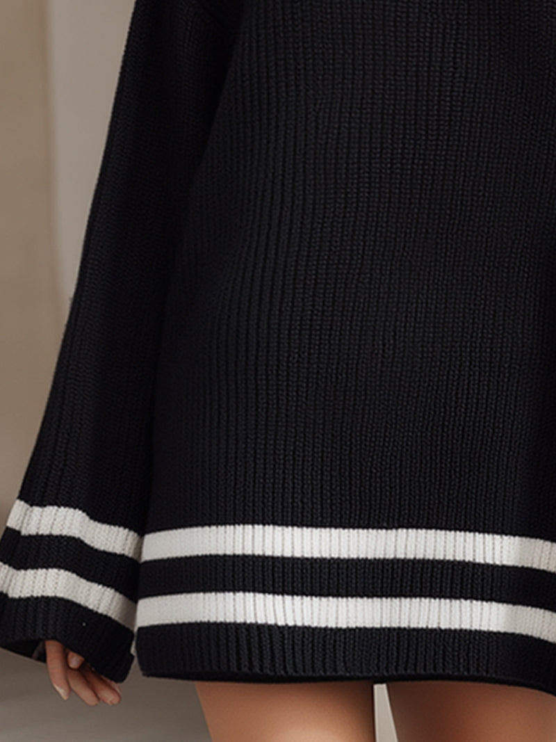 Oversized Ribbed Turtleneck Sweater With Contrast Striped Hem