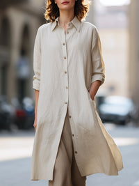 Relaxed Linen Button-Down Long Shirt Dress