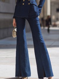 Navy Denim Double-Breasted Blazer & Flared Pants Set