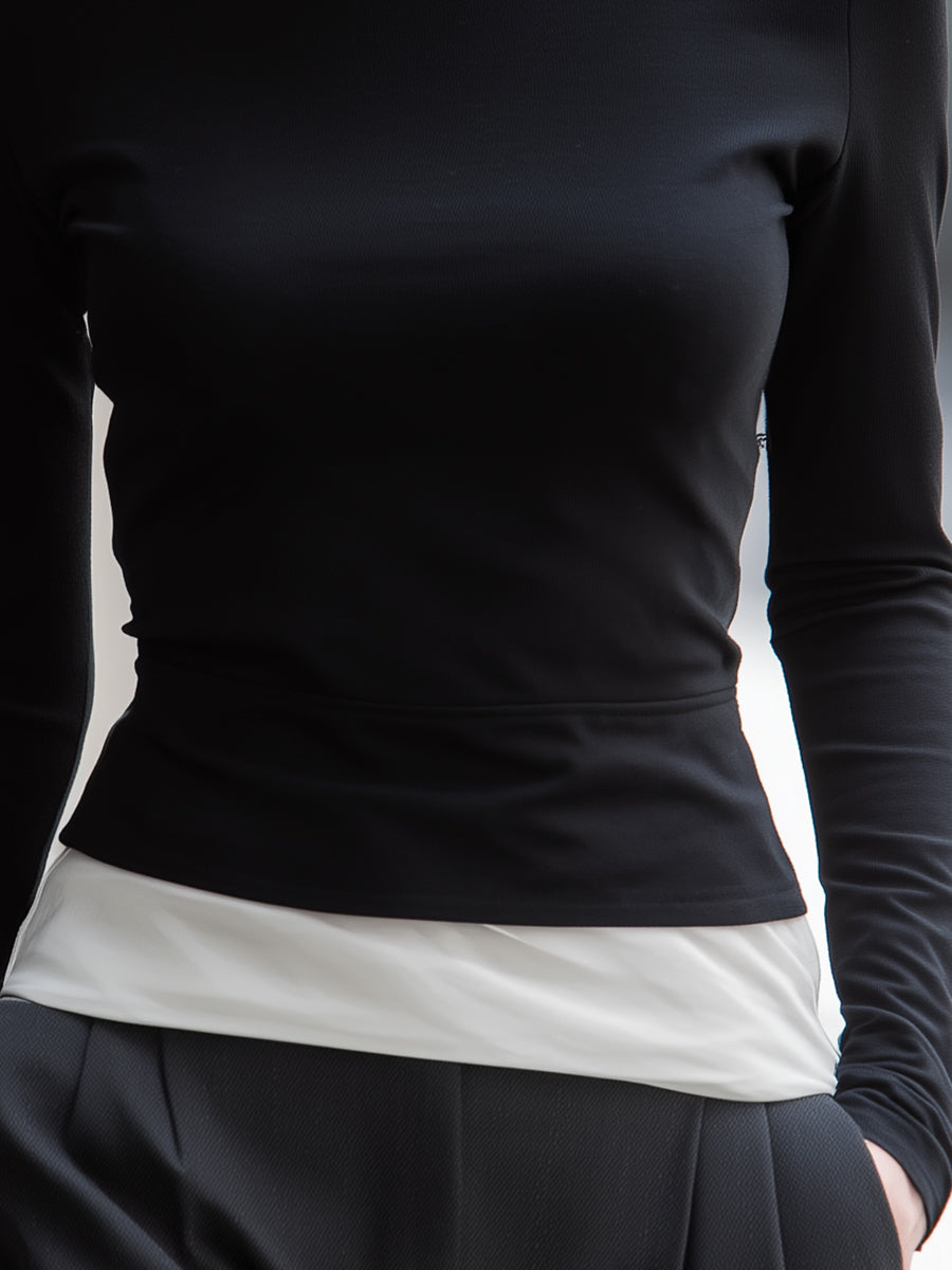 Monochrome Layered Mock-Neck Long Sleeve Top