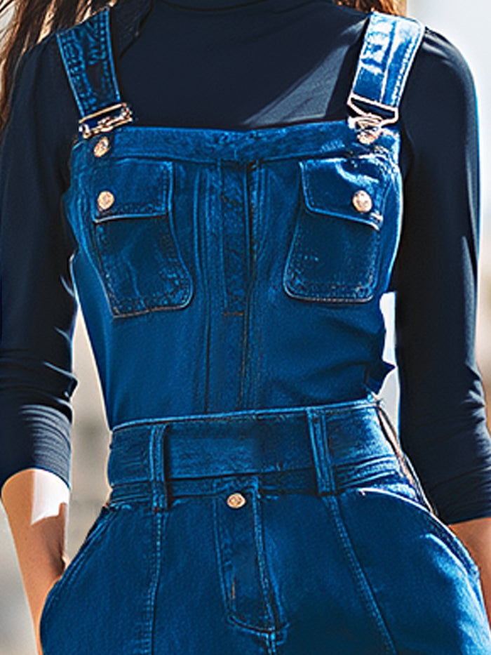 Structured Dark Denim Overall With Flared Leg