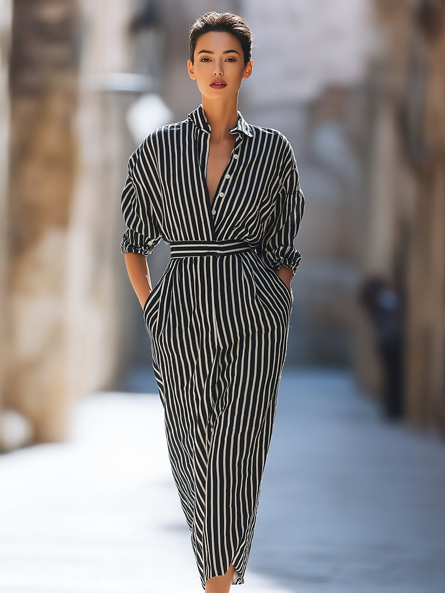 Vertical Stripe Belted Shirt Maxi Dress