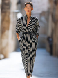 Vertical Stripe Belted Shirt Maxi Dress