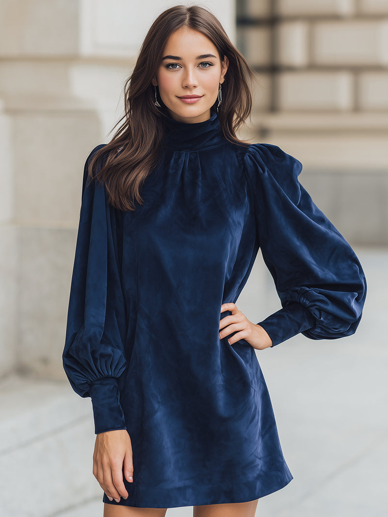 Navy Velvet Puff Sleeve Dress