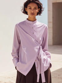 Lilac Asymmetric Wrap Shirt With Mandarin Collar